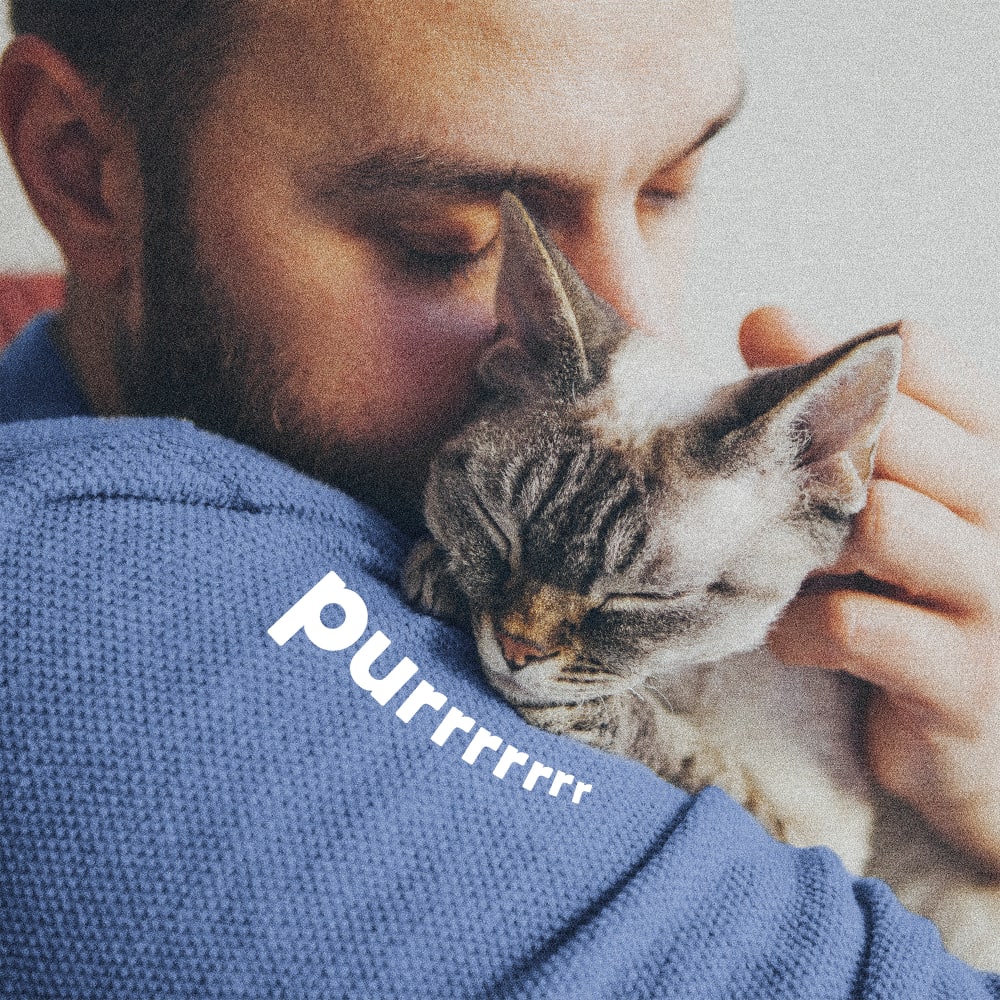 Men holding a small white cat on his shoulder