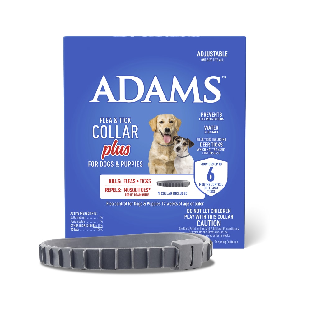 Retail package for adams flea and tick collar plus for dogs and puppies